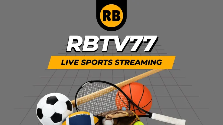 RBTV77 live sports streaming image with football, tennis racket, tennis ball, rugby, and other sports equipment